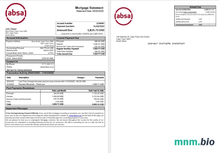 Południowa Afryka ABSA Bank wyciąg z kredytu hipotecznego w formatach Word i PDF